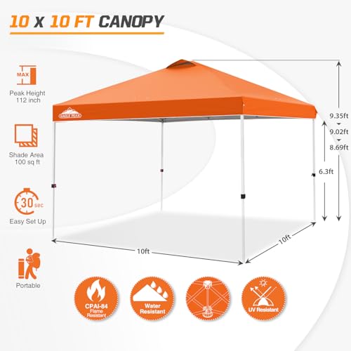 EAGLE PEAK Pop Up Canopy Tent with Wheeled Carry Bag, 8 Stakes, 4 Ropes, 4 Weight Bags, Easy Set Up Tent Canopy, 10x10 ft, 100sqft of Shade, Orange - color: Orange, size: 10x10