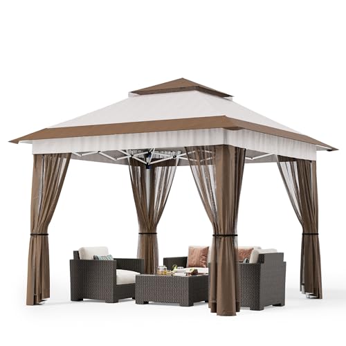 Bealife 11x11 Pop Up Gazebo Tent with Mosquito Netting, Instant Gazebo, Party Tent with Roller Bag, Pop Up Canopy Tent for Parties Patio Lawn Backyard Garden Deck, Beige - color: Beige