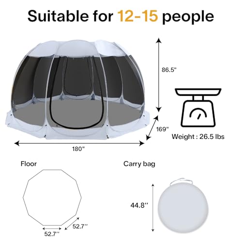 Alvantor 15'x15' Pop Up Screen House Tent, Instant Outdoor Gazebo with Mosquito Netting & UPF 50+ Sun Protection, Portable Canopy Shelter for Patio, Backyard, Camping (12-15 Person),Grey - color: Gray, size: 15'x15'