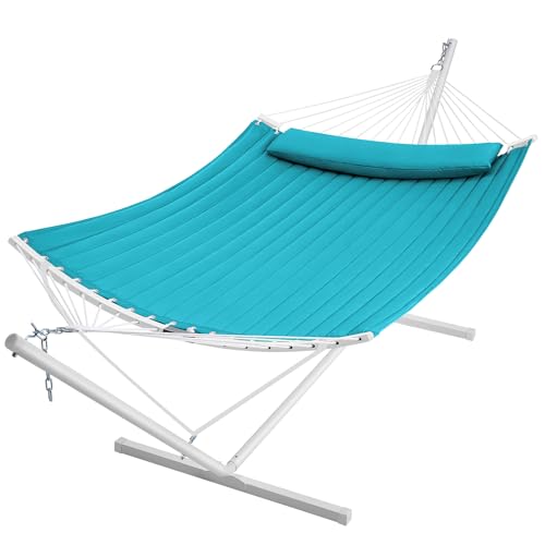 SUPERJARE Hammock with Stand, 2 Person Heavy Duty Hammock with Padded Cotton, Detachable Pillow & Strong Curved-Bar & Portable Carrying Bag, Perfect for Outdoor & Indoor, Sky Blue - color: Sky Blue