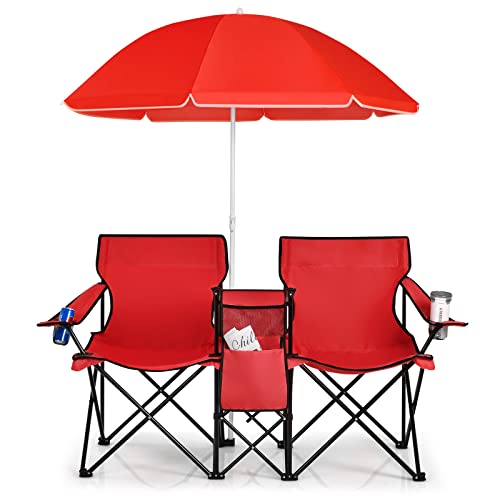 Goplus Double Camping Chair with Umbrella, Folding Loveseat Chairs w/Canopy Shade, Carrying Bag, Table, Cup Holder, Portable Beach Chairs Outdoor Picnic Patio (Red) - color: Red