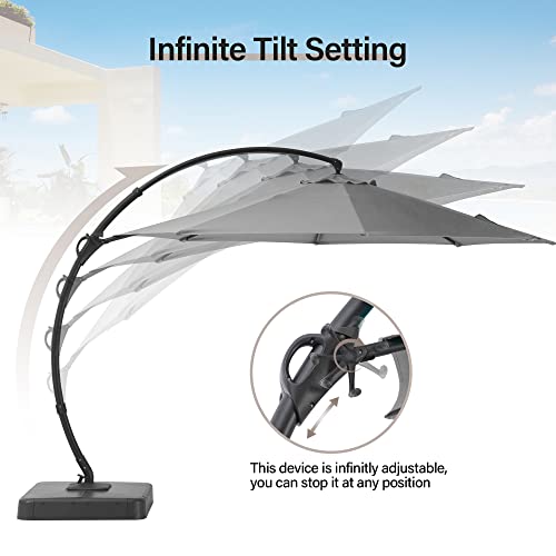 LAUSAINT HOME 11FT Patio Cantilever Umbrella with Base Outdoor Curvy Round Offset Umbrella, Heavy Duty Aluminum Patio Umbrella with 360°Rotation and Windproof, for Garden, Pool, Deck, Backyard, Market(11 FT Grey）