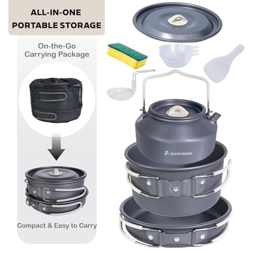 DA DINITHRON 10-Piece Camping Cookware Set, Lightweight Hard-Anodized Aluminum Pots and Pans with 1.1L Kettle, Non-Stick & Compact Nesting Design for Backpacking and Hiking (650g)