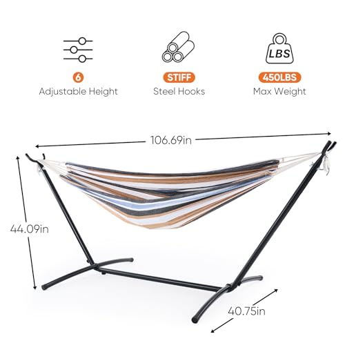 Sweetcrispy Double Hammock with Space Saving Steel Stand Heavy Duty 2 Person Standing Hammocks 450lb Capacity for Outside Garden Yard with Portable Carrying Bag