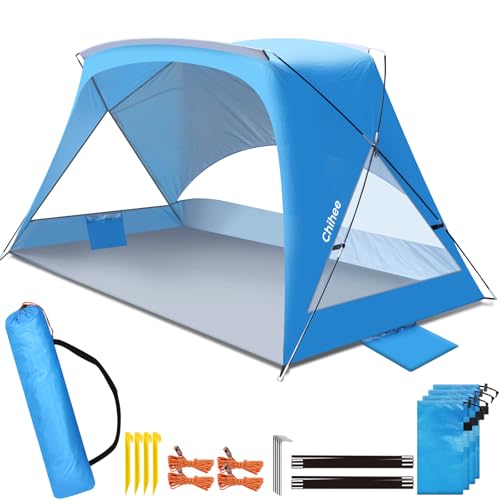 Chihee Beach Tent 1-2 Person Portable Camping Sun Shelter with UV Protection Silver Coated Canopy, Lightweight Beach Shade with Extra & Built-in Sandbags Mesh Windows Flat-top for Beach Camping Picnic