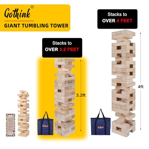 GOTHINK Giant Tumble Tower Game, Large Tumbling Tower Stacking to Over 3.2 FT 60pcs Wooden Jumbo Blocks for Outside Yard Games w/Carry Case Timber Stacking Game Night Toy Gift for Kids Adults Family - size: M-Over 3.2FT