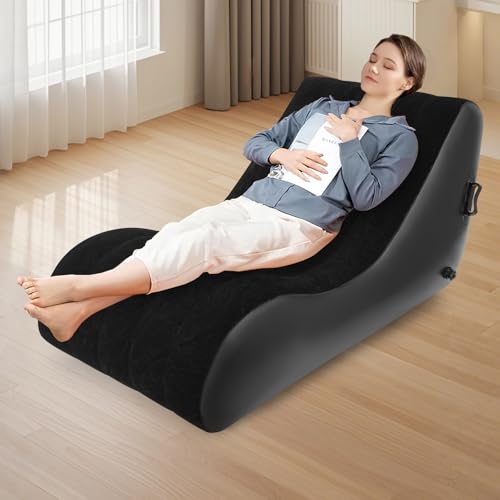 Lounger Inflatable Sofa Bed, Folding Sofa Bed with Flocking Fabric Comfortable S-Shape Air Mattress with Air Pump Blow Up Couch for Living Room Patio Outdoor Camping 35.4x55.1x27.5in (Black) - color: Black