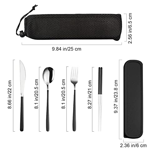 VANRA 4-Piece Portable Travel Utensils Set with Case 18/8 Stainless Steel Flatware Set Reusable Cutlery Set with Fork Spoon Knife Chopstick for Lunch Travel Camping School Work Picnic (Black) - color: Black, size: Fork Spoon Knife Chopstick