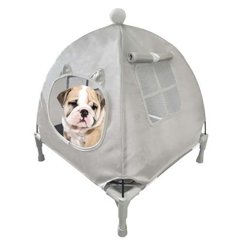 Pozico Elevated Pet Bed with Breathable Mesh for Small Cat and Dog, Raised Cooling Pet Cot for Puppy and Kitty, 18.9x18.9 inch (Gray Bed with Canopy) - color: Gray Bed with Canopy