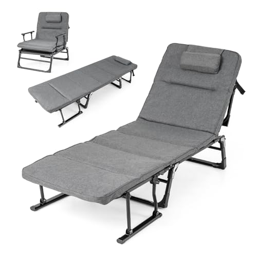 Tangkula Lounge Chair Outdoor with Cushion, 3 in 1 Convertible Outdoor Indoor Heavy Duty Folding Chaise Lounge Chair with 6-Position Adjustable Backrest & Flip-up Pillow (1,Gray)