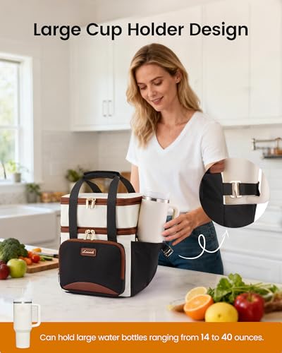 LOVEVOOK Insulated Lunch Bag For Women Men,Expandable Double Deck Lunch Box With Large Cup Holder,Leakproof Cooler Bag For Adult Lunch Tote Bag Work Picnic Beach with Adjustable Shoulder Strap Gift - color: Off White with Pink, size: Large —15l