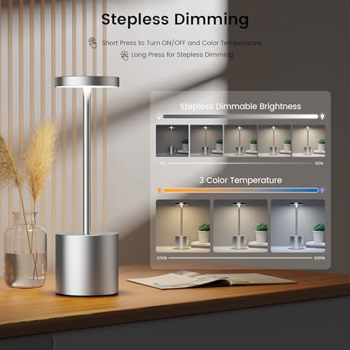 SAKRINGT 2 Pack Outdoor Table Lamp,LED Table Light,Cordless Table Lamp Rechargeable ,5000mAh Battery Powered Dimming Desk Lamp for Restaurant/Patio /Outdoor(Silver) - color: 2Pack Silver