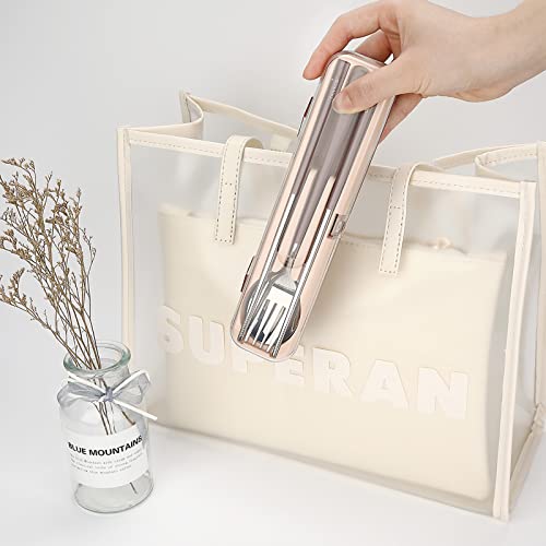 DEVICO Portable Utensils, Travel Reusable Silverware Flatware Set for Lunch, 18/8 Stainless Steel 4-Piece Camping Cutlery Include Fork Spoon Chopsticks with Case (Brown) - color: Brown