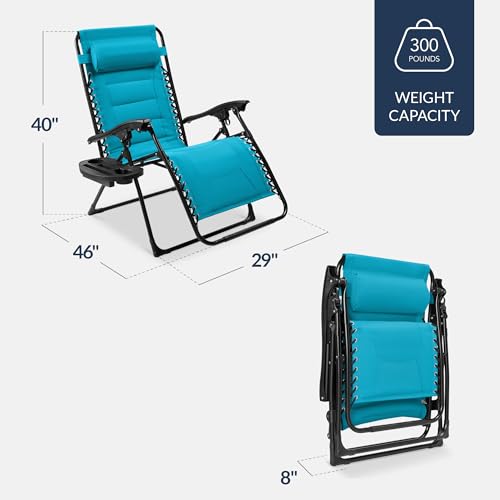 Best Choice Products Oversized Padded Zero Gravity Chair, Folding Outdoor Patio Recliner, XL Anti Gravity Lounger for Backyard w/Headrest, Cup Holder, Side Tray, Polyester Mesh - Aqua Blue - color: Aqua Blue
