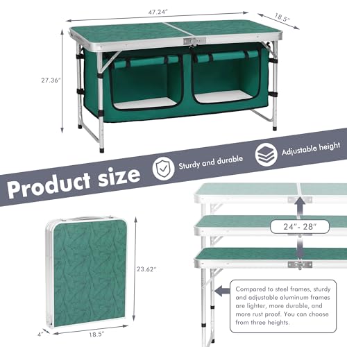 Camp Field Camping Folding Aluminum Table with Adjustable Legs for Outdoor Travel Beach, Backyards, BBQ, Party and Picnic Foldable Table - color: Green