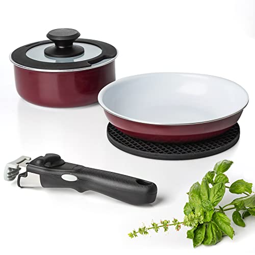 Moss & Stone Aluminum Pots And Pans Set Nonstick, Removable Handle Cookware, Stackable Pots And Pans Set, Dishwasher safe, Induction Pots And Pans, Camping Cookware Set (5 Pcs Burgandy) - size: 5 Pcs Burgandy