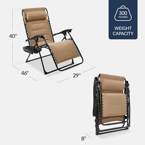 Best Choice Products Oversized Padded Zero Gravity Chair, Folding Outdoor Patio Recliner, XL Anti Gravity Lounger for Backyard w/Headrest, Cup Holder, Side Tray, Polyester Mesh - Beige - color: Beige