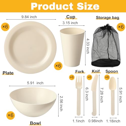 LemonRoad 6 Set College Dorm Dishes Essential Kit, Plates and Bowls Back to School Beige Room Dishes Set with Storage Mesh Bag Cup, Microwave Dinnerware Picnic for RV Camping