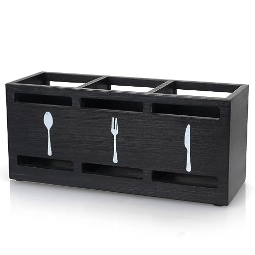 Ayiaren Wooden Silverware Caddy Flatware Cutlery Holder Wood Silverware Organizer Containers Small Black Kitchen Utensil Holder for Countertop Spoon and Fork Holder Flatware Utensils Caddy for Party - color: Black
