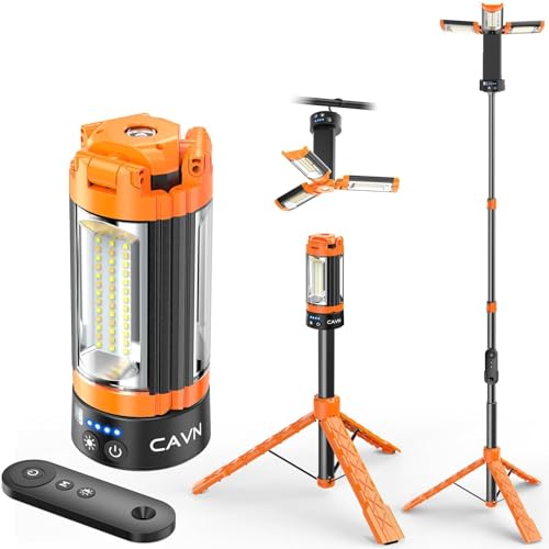 CAVN Rechargeable Camping Lights with Remote & Detachable Tripod Max Height 6.0 ft, Portable Work Light with 3 LED Lamp Heads, Camping Essentials Gear Emergency Flashlight with Hook, Orange - color: Orange