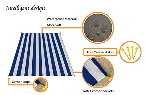 Pocket Blanket 71"x55", Lightweight Compact Sandproof Waterproof Outdoor Blanket for Beach, Hiking, Camping, Travel, Festivals, Picnic with Pockets, Loops, Stakes, Carabiner - color: White Blue