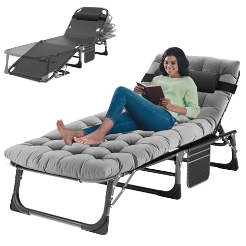 ABORON 3-in-1 Folding Patio Lounge Chair, 440LB Heavy-Duty Tri-Fold Guest Bed with Plush Cotton Cushion, No Assembly Adjustable Recliner for Office Nap, Patio Sunbathing, Poolside & Camping - color: Khaki Shadow