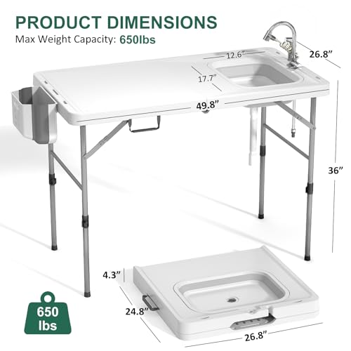 Folding Fish Cleaning Table with Sink, 50"x27" Bi-Folding Portable Camping Sink Station with Drain Hose, Trash Can, Gloves and Cleaning Kits, Foldable Outdoor Sink for Camping, Fishing, BBQ - style: Fish cleaning table Bi-Folding