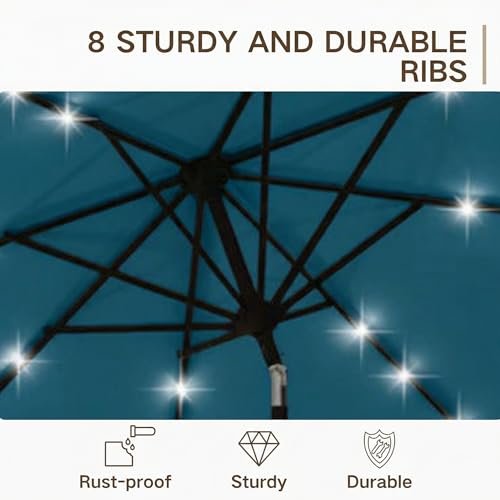 Kingdura 9FT Outdoor Patio Umbrella with Solar Lights, Market Table Umbrella with Push Button Tilt & Crank, 8 Sturdy Ribs, 32 LED Lights, UV Protection for Garden Lawn Deck Backyard Pool (Lake blue) - color: Lake blue-LED, size: 9 Ft