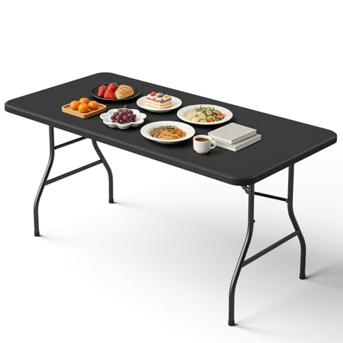 5ft Folding Table, Heavy Duty Plastic Card Table with Foldable Steel Legs, Metal Frame Support up to 500 lb, Portable for Indoor, Outdoor, Picnic, Camping, Dining, Party, Black - color: Black, size: 5FT