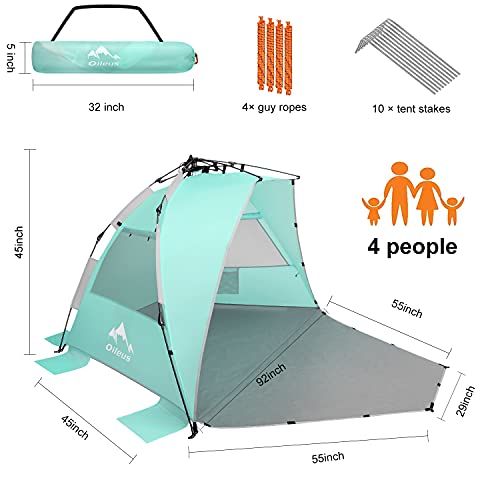 Oileus X-Large 4 Person Beach Tent Sun Shelter - Portable Sun Shade Instant Tent for Beach with Carrying Bag, Stakes, 6 Sand Pockets, Anti UV for Fishing Hiking Camping, Waterproof, Light Green - color: Light Green
