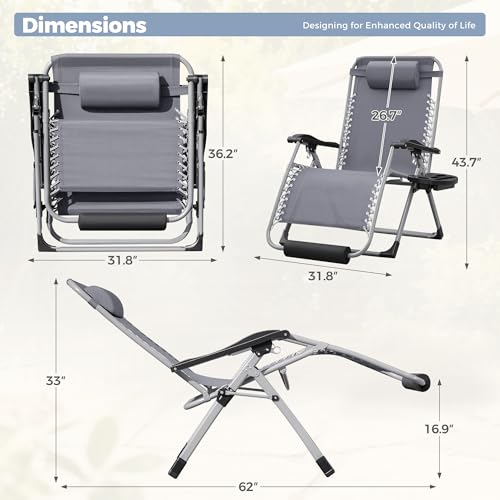 Homall Oversized Zero Gravity Chair, 32In Recliner Lounge Chair with Removable Soft Cushion and Cup Holder, Adjustable Anti Gravity Chair Folding Patio Chairs Padded for Indoor and Outdoor, Grey - color: Grey, size: 1 Set