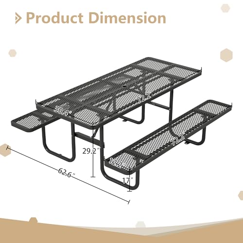 72'' Rustic Metal Picnic Table for Outdoors, Heavy Duty Steel Patio Dining Set with Built-in Benches & Umbrella Hole, Easy Assembly Mesh Outdoor Furniture for Garden, Deck, Courtyard BBQ, Black - color: Black
