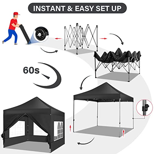 COBIZI 10x10 Pop Up Canopy Tent 10x10 Canopy with 4 Sidewalls Waterproof Heavy Duty Commercial Canopy Tent for Parties Outdoor Garden Gazebo, Carry Bag with Wheel(10x10ft, Black) - color: Black, size: 10X10FT 4 Sidewalls