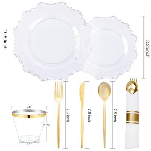 COLOSUS 350pcs Clear Plastic Plates Disposable Gold Cutlery Dinnerware set for party: 50 Dinner Plate, 50 Dessert Plate, 50 Per Rolled Napkins with Gold Silverware, 50 Cups 9 OZ for Thanksgiving - color: Clear