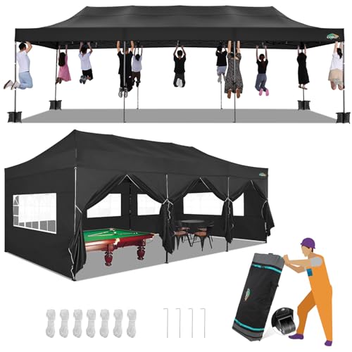 COBIZI 10x30 Pop up Canopy with 8 Removeable Sidewalls, Heavy Duty Party Tents for Parties, Events and Weddings, UPF 50+ Waterproof Commercial Tent with Roller Bag, Black (Windproof Upgraded) - color: Black, size: 10x30 with Sidewalls
