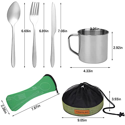 Stainless Steel Camping Cutlery Set - 8 Piece, Includes Spoons, Mugs, Bowls, Plates, Rags & Organizer Straps - Easy to Carry for Backpacking, Camping, Hiking and Picnics - color: Green