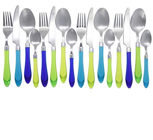 The Original Brink House Sea Blue Green Mix & Match Stainless Steel Cutlery Set with Translucent Handles / 16 pieces with Metal Stand/Lifestyle utensils set for home, apartment, dorm, outdoor events - color: Sea Blue Green Assortment, size: Service for 4
