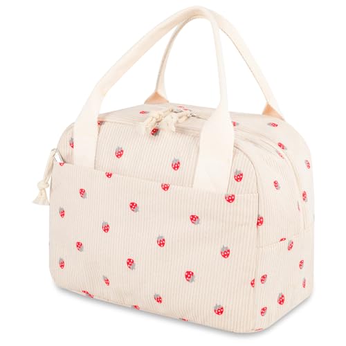 Reusable Insulated Lunch Bag for Women Men, Corduroy Lunch Tote Leakproof Cooler Bag with Reinforced Stitching, Cute Lightweight Thermal Lunch Box for Work Picnic Travel, Strawberry - color: Strawberry