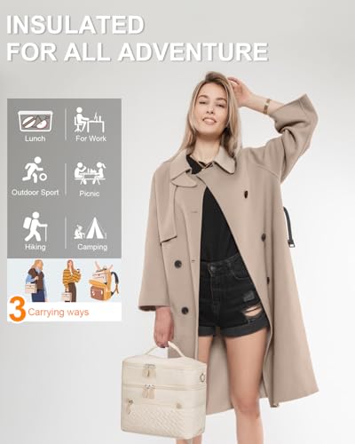 Capolo Lunch Box for Women Men Adults,Double Deck Insulated Lunch Bag Leakproof Lunch Cooler Box with Removable Strap Lunch Tote Bags Reusable Thermal Lunchbox for School Work Picnic(Large,Beige) - color: Beige, size: Large