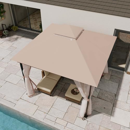 LAUSAINT HOME 10' X 10' Waterproof Patio Gazebo with Mosquito Netting, Double Roof Outdoor Gazebo Pavilion Shelter for Backyard, Garden, Lawn, Wedding (Khaki) - color: Khaki, size: 10'x10' w/o curtains