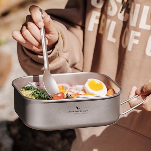 iBasingo 1000ml Titanium Military Mess Tin Outdoor Camping Cookware with Lid & Folding Handle Lightweight Frying Pan Single Layer Square Lunch Box Portable Hiking Backpacking Cooking Kit Ti2084C