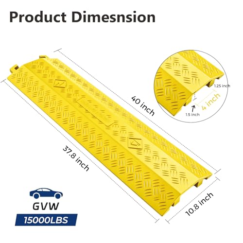 BESEA Heavy Duty Cord Cover 2 Pack 40 Inch Cable Protector Ramp 15000 lbs, Outdoor Floor Wire Cover with 4" Wide Channel, Modular Interlocking Anti Trip Cable Ramp for Driveway Sidewalk Garage(Yellow) - color: Yellow, size: Middle