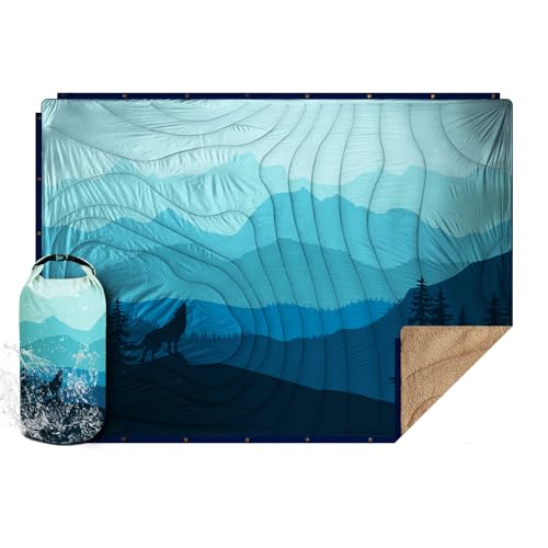 Outdoor Camping Blanket - Puffy Camping Blanket Packable,Sherpa Fleece Warm Blanket for Camping, Outdoors, Travel, Stadium, Festivals, Beach, Hammock 56"x 78" Machine Washable, DWR, Lightweight - color: Blue Mountain, size: 78 X 56 Inches