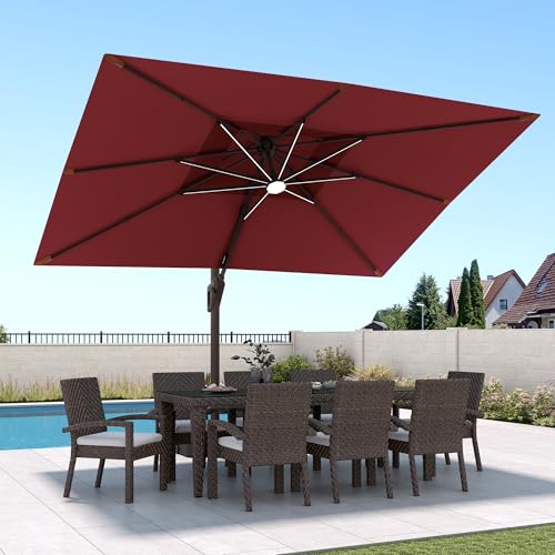 9 X 12 FT Cantilever Patio Umbrella with Led Lights and Base Included Outdoor Heavy Duty Double Top Rectangle Offset Umbrellas with 360-degree Rotation for Pool Deck Backyard, Wine Red - color: Wine Red, size: 9' X12' Weighted Base Included(LED)