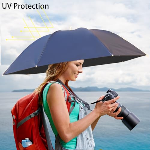 Umbrella Hat, 37 inch Fishing Umbrella Hat Hands Free Foldable UV Protection Umbrella Cap Adjustable Headwear for Fishing Golf Camping Beach Gardening Sunshade Outdoor - color: Navy Blue