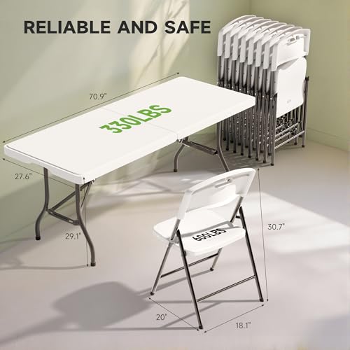 6FT Folding Table Set with 8 Folding Chairs, Heavy Duty 330 lbs Table & 600 lbs Chairs, Portable Folding Furniture Bundle for Camping, Party, Indoor & Outdoor Use - color: White Table & Chairs, size: 6ft, style: 8 chairs