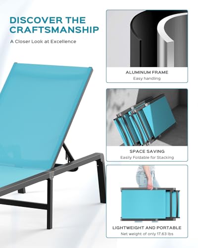 Patio Chaise Lounge Chair Set of 4, Foldable Lounge Chair for Outside, Aluminum Chairs with 5 Adjustable Backrest, Outdoor Pool Lounger for Poolside, Lawn, Patio, Lake Blue - color: Lake Blue, size: 4 Packs