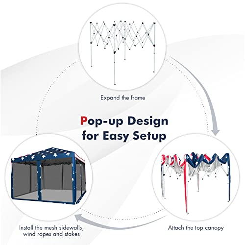 Tangkula 10x10 Ft Pop Up Canopy with Netting, Easy Up Canopy with Mesh Sidewalls, Carrying Bag, Adjustable Height, American Flag Outdoor Canopy with 100 Square Feet of Shade for Backyard, Lawn - color: Mix