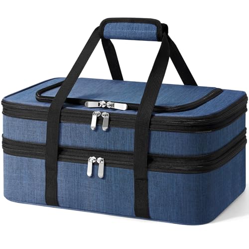 Insulated Double Casserole Carrier - Portable Casserole Carriers for Hot or Cold Food Lunch Tote Warmer or Cooler Bag for Potluck Parties Picnic Cookouts, Fits 9" x 13" Baking Dish - Navy Blue - color: Navy Blue