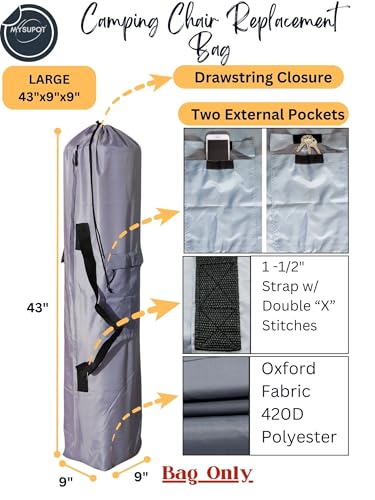 Replacement Bag for Folding Camping Chair, Portable Camp Chair, Hammock, Yoga Mat, Umbrella, Tents, Tripods, Fishing Poles - 420D Oxford Polyester Fabric - color: Grey, size: Large 43"x9"x9"